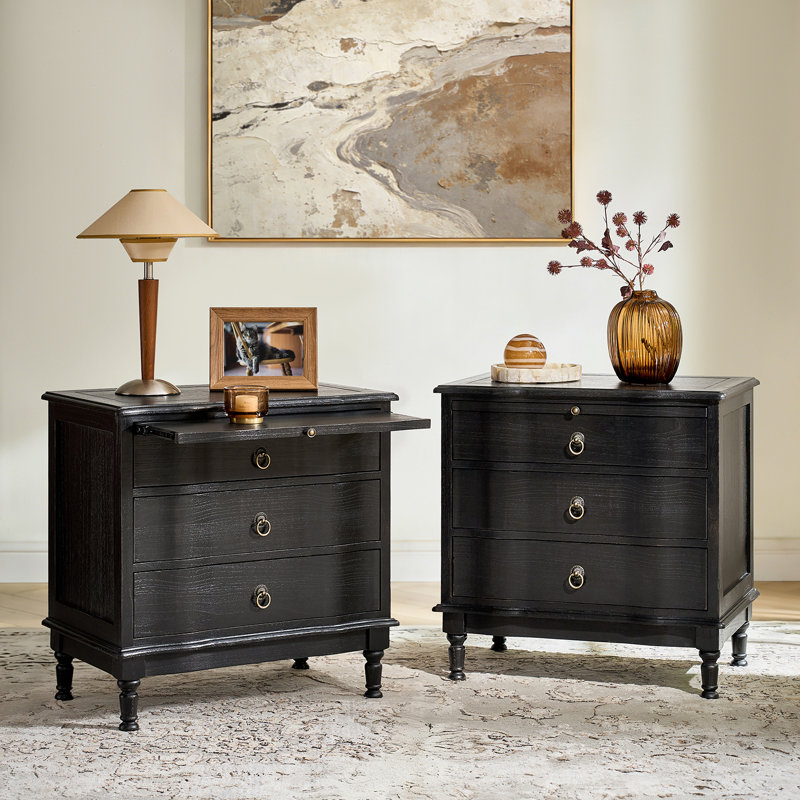 Sessoms Coastal Traditional 3-Drawer Curved End Table with Pull-out Shelf and Simple Assembly and Charging Station, Charcoal