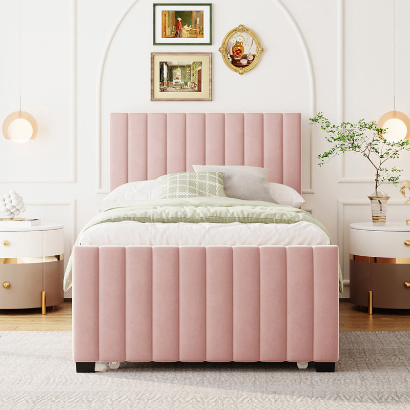Modern Velvet Upholstered Platform Bed with Trundle, Pink