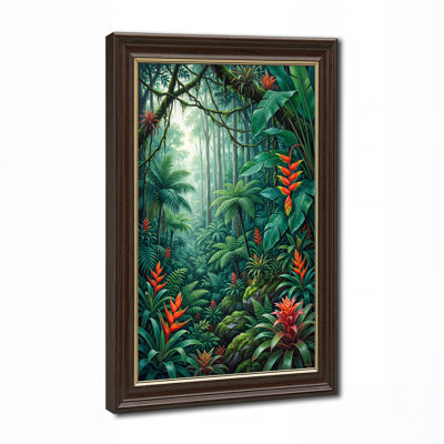Art mural sur toile dense forêt tropicale avec fleurs orange et fougères vertes