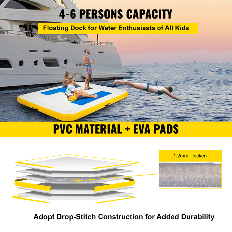 VEVOR Inflatable Floating Dock 8 X 5 Ft, Inflatable Dock Platform With Electric Air Pump, Inflatable Swim Platform 6 Inch Thick, Floating Dock 4-6 People, For Pool Beach Ocean