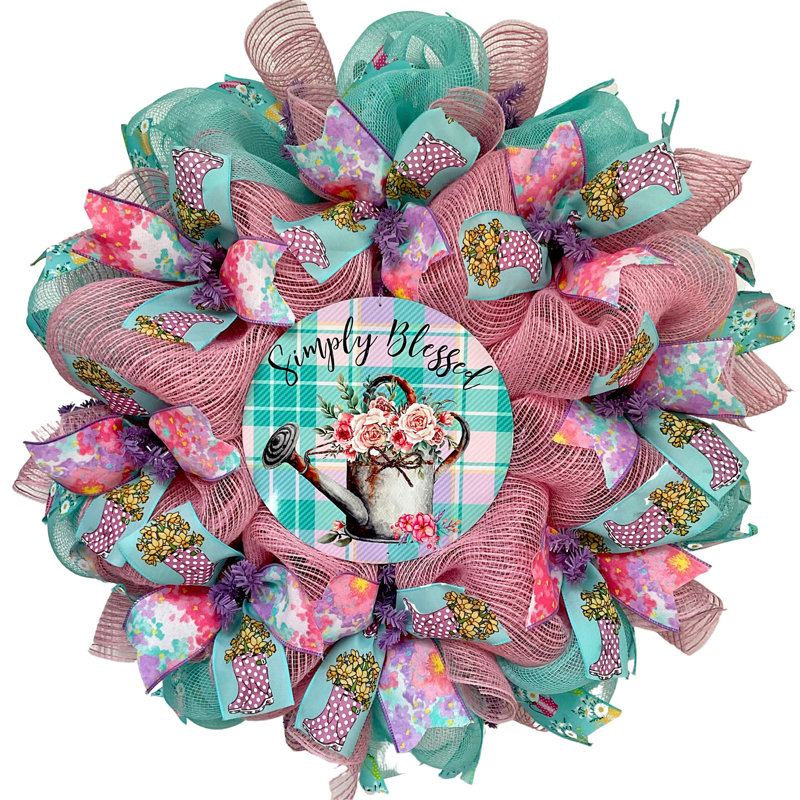 Chivan Simply Blessed Watering Can Spring Wreath Turquoise and Pink