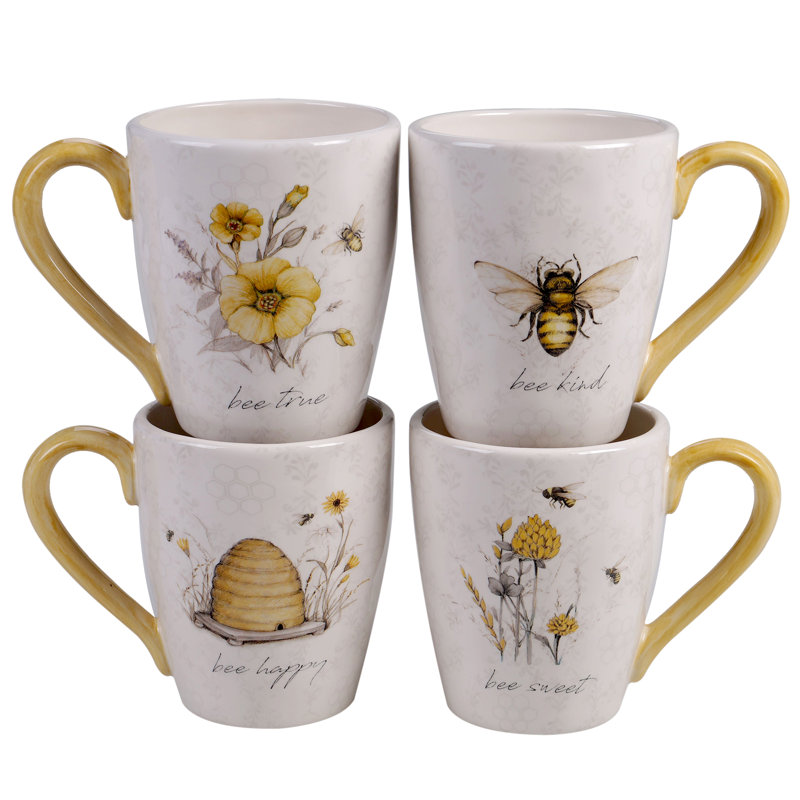 Bee Sweet White Ceramic Floral Print Mug Set of Four