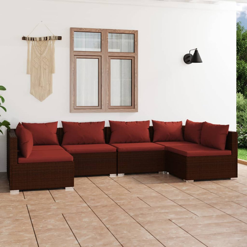 Ensemble de canapé avec coussins, 2 x coin + 4 x milieu, Brun et rouge