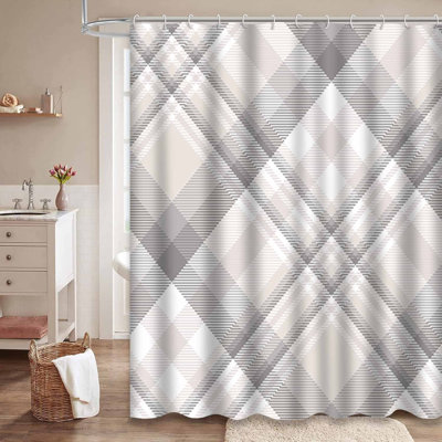 Rideau de douche à carreaux gris, taupe, beige et blanc avec 12 crochets