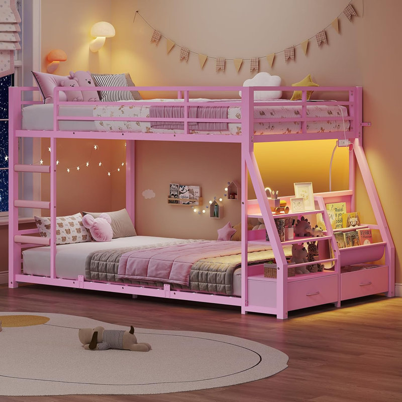 Low Bunk Bed With Sling Bookshelves, Storage Drawers & Power Outlet, Led Metal Floor Bunk Twin Over Twin With Full-length Guardrail & Metal Slats