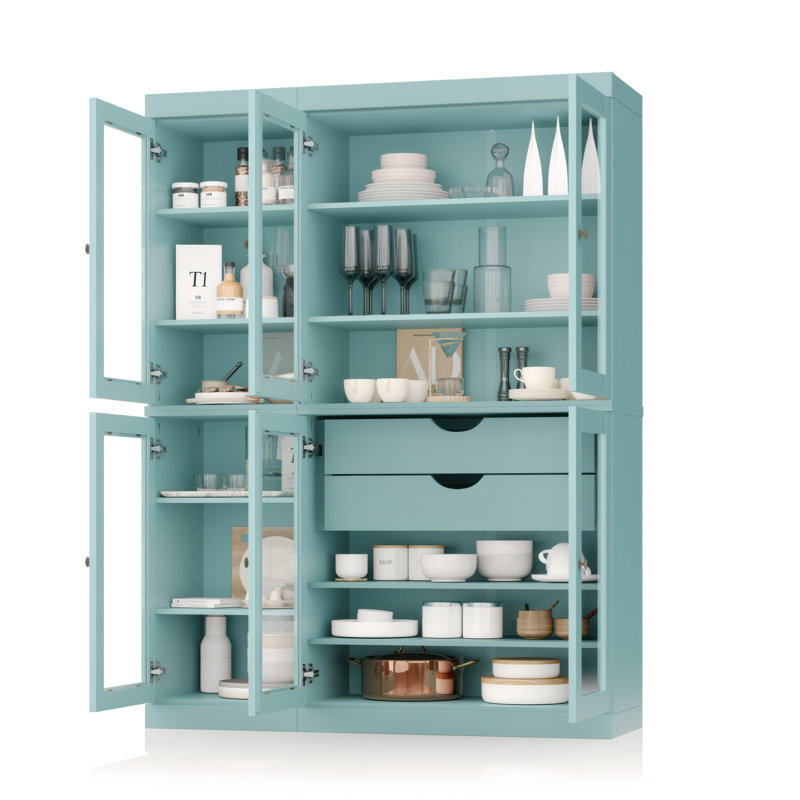 100% Solid Wood 48.5" Pantry China Cabinet with Clear Glass Doors, 2-Drawers and Adjustable Shelves, Aqua