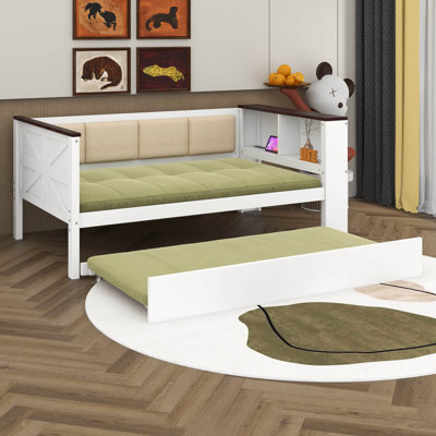 Twin Size Wood Farmhouse Daybed With Storage Shelves, Day Bed Frame With Upholstered Backrest, USB And Trundle For Kids Teens