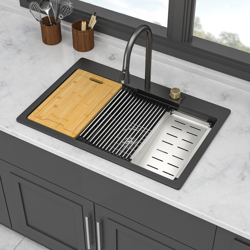 Évier de cuisine à montage sur plan à montage sur comptoir - 33 po x 22 po x 10 po en granite composite noir avec station de travail et robinet coulissant