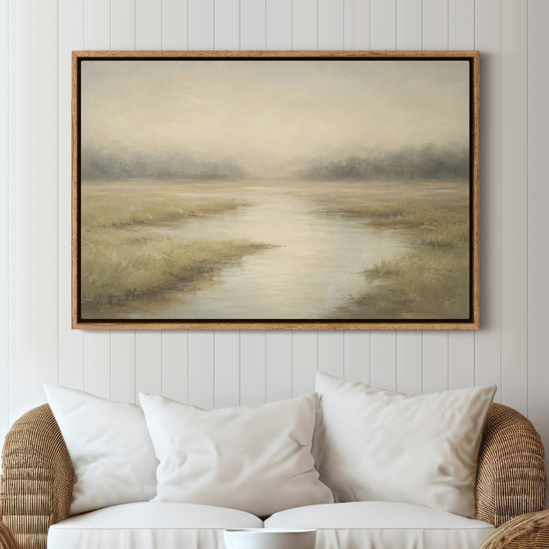 Tableau encadré sur toile - Paysage de marais brumeux avec doux reflets d'eau - 40,6 x 61 cm, H 16 po x l 24 po, Naturel