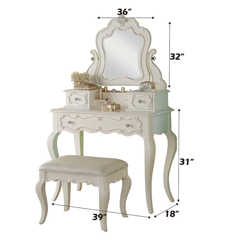 Coiffeuse Edalene avec miroir, finition blanc perle