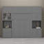 Lit escamotable mural moderne avec armoires de rangement, bureau compact et huche à porte vitrée, port USB intégré et prise de courant-415064152