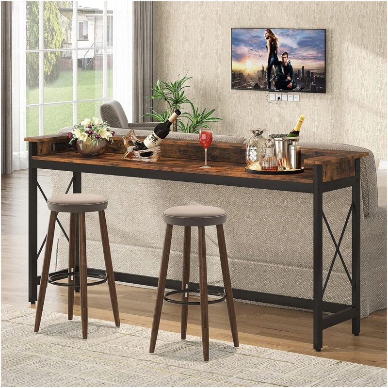 Console extra longue 70,9 po avec prises de courant et ports USB, table de canapé étroite derrière le canapé, table de bar de hall d'entrée industrielle avec station de charge pour le salon, couloir, brun rustique