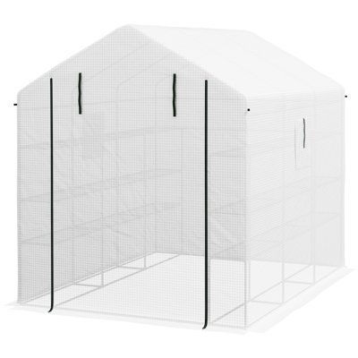 8'X6'x7' Walk-In Greenhouse, Protected, Mesh Windows & Door, 18 Shelf For Veggies, Herbs, Flowers, Saplings Planting, White Greenhouse 8'X6'x7', Door Windows, Vegetables, Saplings, Color