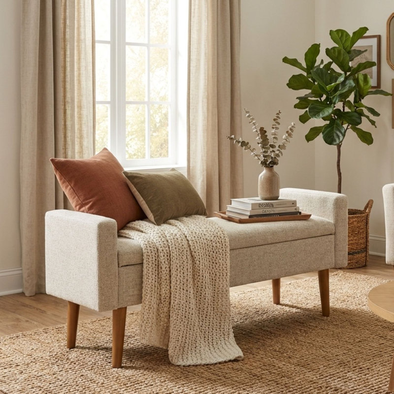  Banc de rangement Fulton - Tissu crème texturé, Crème
