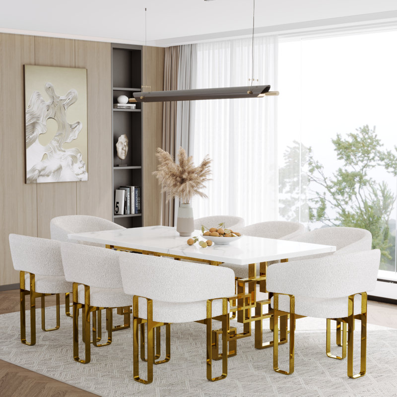 Ensemble de 5 chaises de salle à manger Glam and Luxurious White Boucle rembourrées avec pieds en or poli et accoudoirs, Doré