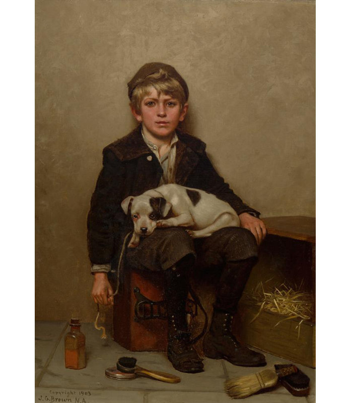 "Chaussures cirées" par John George Brown - toile tendue avec châssis, H 40 po x l 28 po