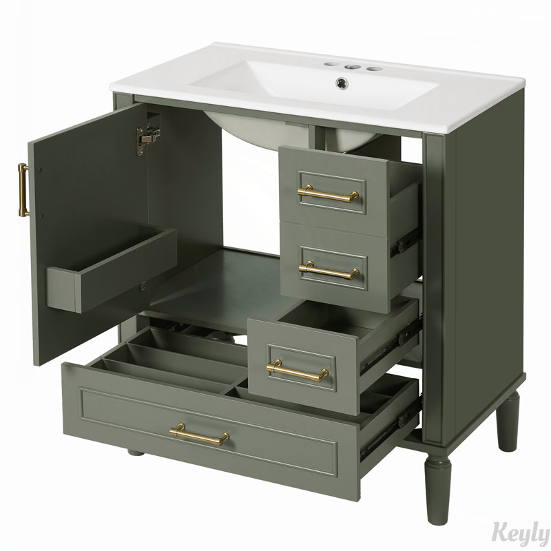 Meuble-lavabo 30 po avec lavabo en céramique, porte à fermeture en douceur, Vert olive