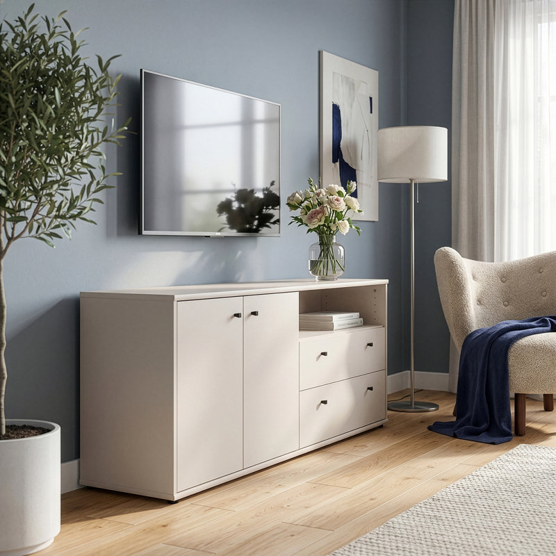 Sabel Modern TV unit with 2 doors, 2 drawers and open compartment, living room cabinet, engineered wood, 143.9 cm W x 66.3 cm H x 34.8 cm D