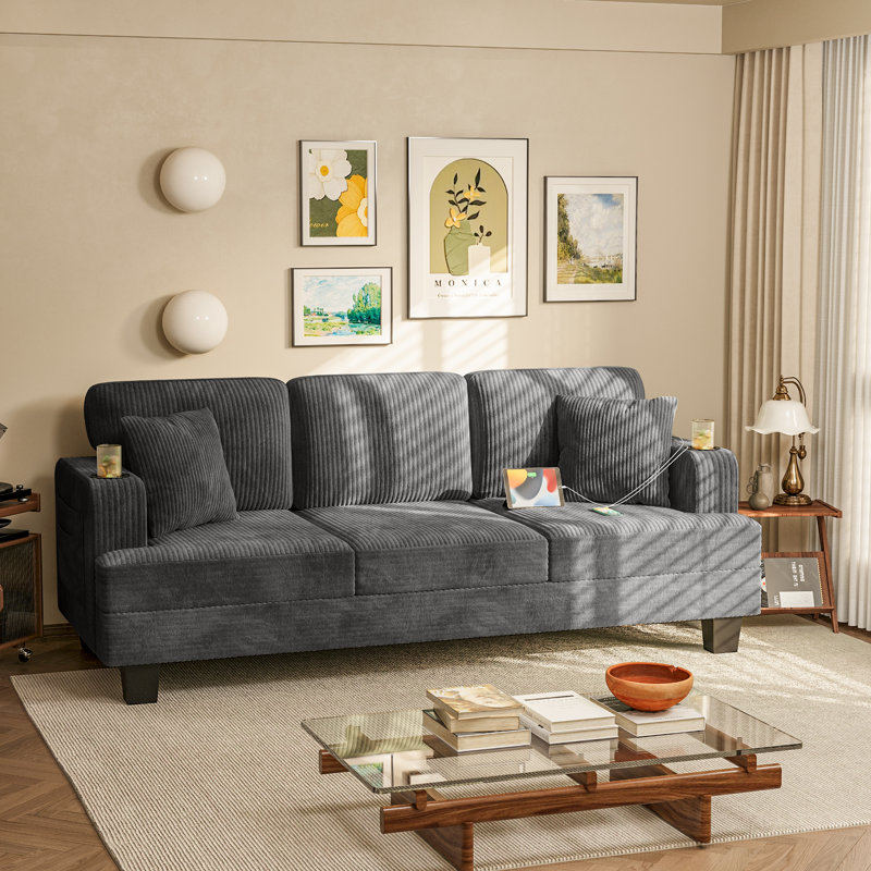 84" Modern Style Comfortable Corduroy Reception Sofa, Seating of 3, with Cup Holder and Side Pocket, Gray
