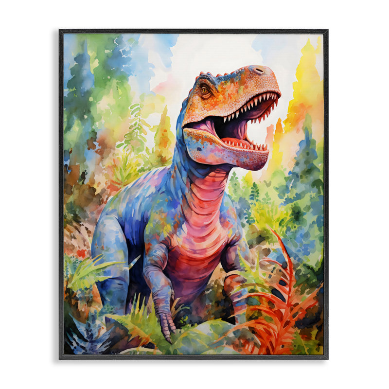 Giclée de dinosaure T-Rex coloré dans la jungle, design par Creative Studio, H 20 po x l 16 po, Giclée encadrée noir minuit