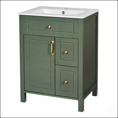 Meuble-lavabo de 24 pouces avec lavabo en céramique, 1 porte à fermeture en douceur, 2 tiroirs à fermeture en douceur et 2 supports de rangement sur la porte