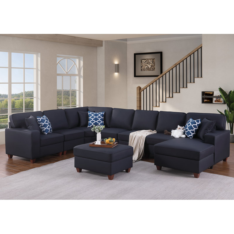 Canapé modulaire en cuir avec repose-pieds 7 pièces Carstens, Similicuir noir