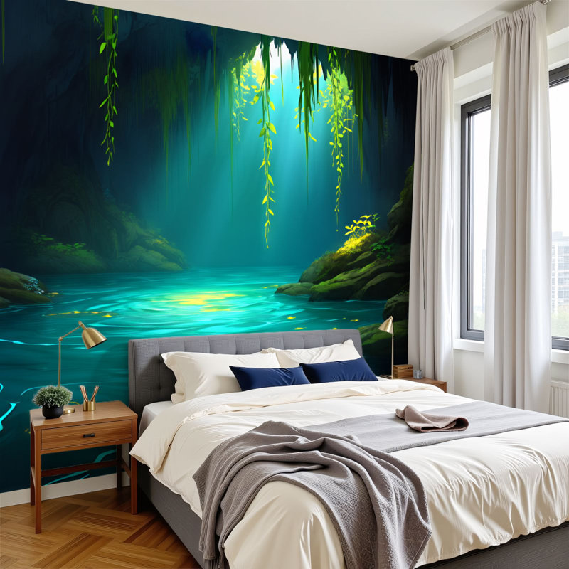 Papier peint adhésif pelez et collez Magical Cave Glowing Water Greenery Woodland Wallals H 100 po x l 144 po Papier peint amovible en PVC auto-adhésif