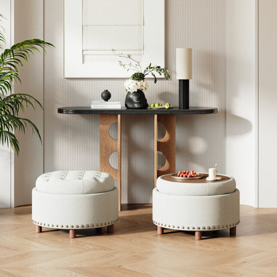 25'' Upholstered Round Storage Ottoman with Wooden Tray & Nailhead Trim