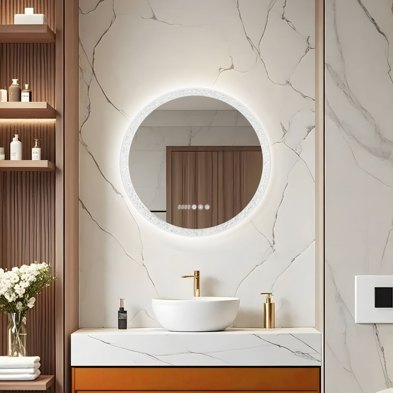 Crushed Crystal Decor Round LED Bathroom Vanity Mirrors with Anti-Fog, Dimmable Lights, and Shatterproof