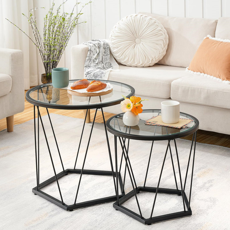 Black Round Glass Top Coffee Table Set with Metal Frame