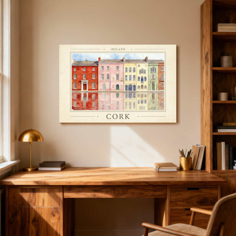 Scénario et paysages urbains colorés, maisons de ville irlandaises, art de l'aquarelle, H 24 po x l 36 po