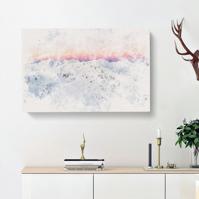Pink Mountain Ridge in Romania Watercolour - Wrapped Canvas, 60cm H x 91cm W x 3cm D