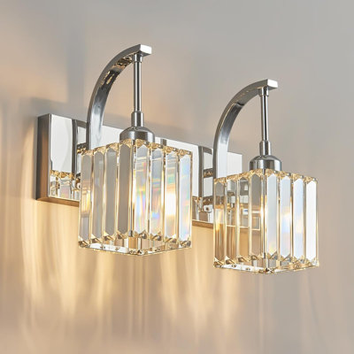 Modern Bathroom Vanity Light Fixture, 2-Light Wall Sconce With K9 Crystal Shade And Chrome Finish For Over Mirror Lighting, Easy Installation