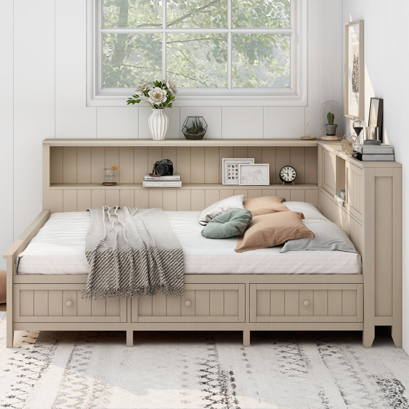 Lit de jour en bois avec tablettes de rangement et 3 tiroirs, Double