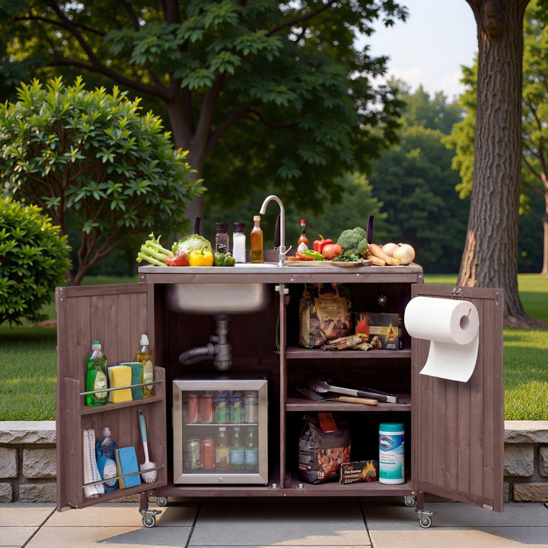 Îlot de cuisine extérieur avec évier en acier inoxydable, supports de rangement internes, tablettes et roues réglables