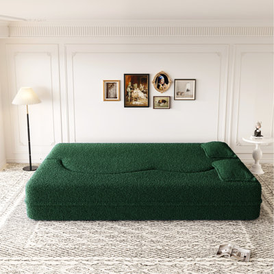 Modern Floor Sofa With 2 Pillows,Convertible Teddy Fabric Foam-Filled Sleeper Sofa Bed,15" Full Size Folding Mattress For Living Room,Guest Bed,Playroom,No Assembly Required,Beige/White