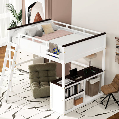 Grand lit mezzanine avec bureau, tablette ouverte et boîte de rangement, couleur blanche - peu encombrant, design, assemblage facile