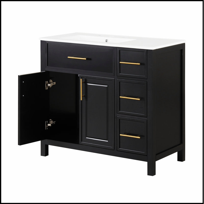 Meuble-lavabo de salle de bain avec comptoir d'évier, armoire en bois massif, deux portes, trois tiroirs, solution de rangement durable et élégante