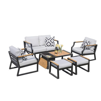 Ensemble de conversation de patio 6 pièces avec causeuse, 2 canapés simples, repose-pieds et table basse avec seau à glace en noir