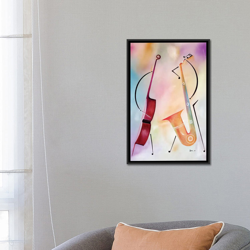 « bass et sax », impression sur toile, H 26 po x l 18 po x P 1,5 po, Toile avec cadre noir, Pas de tapis