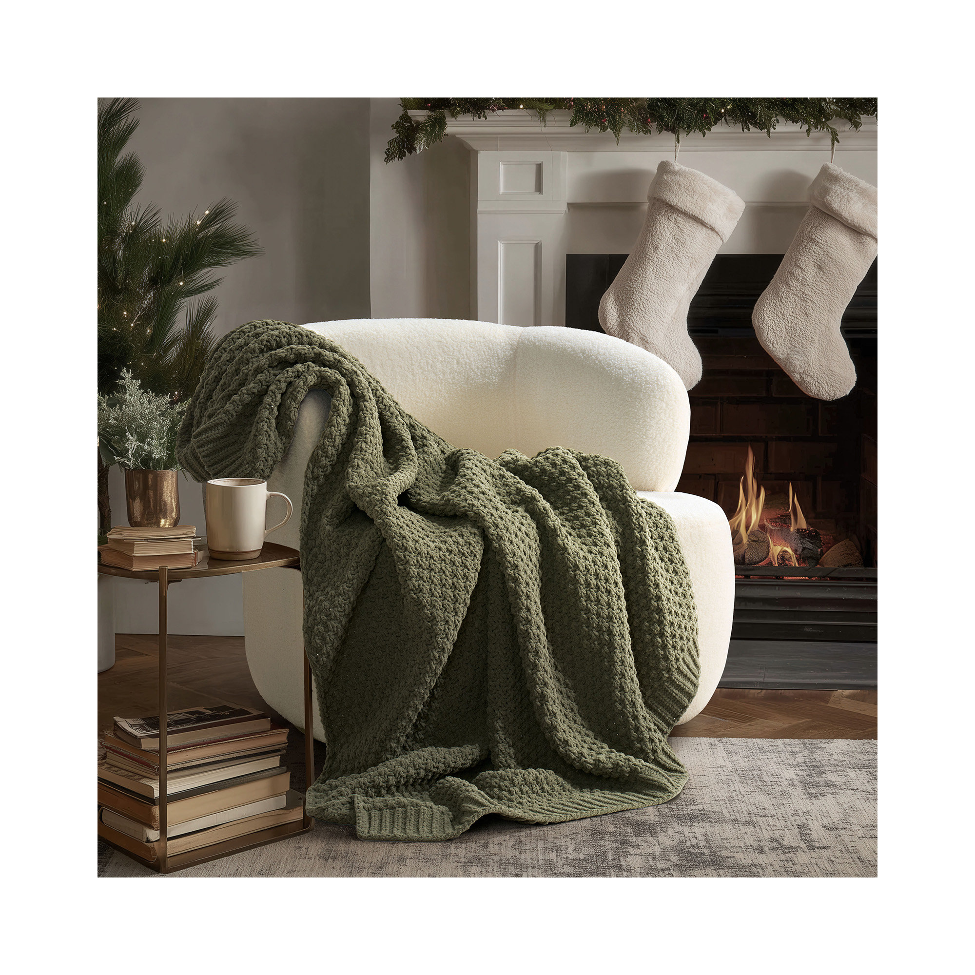 Chunky Chenille Knit Throw Blanket, Olive Green, 60" L x 50" W