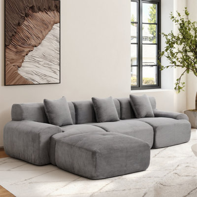 Boneless L-Shape 107" Modern Compression Corduroy Convertible Sleeper Sectional Sofa with Ottoman