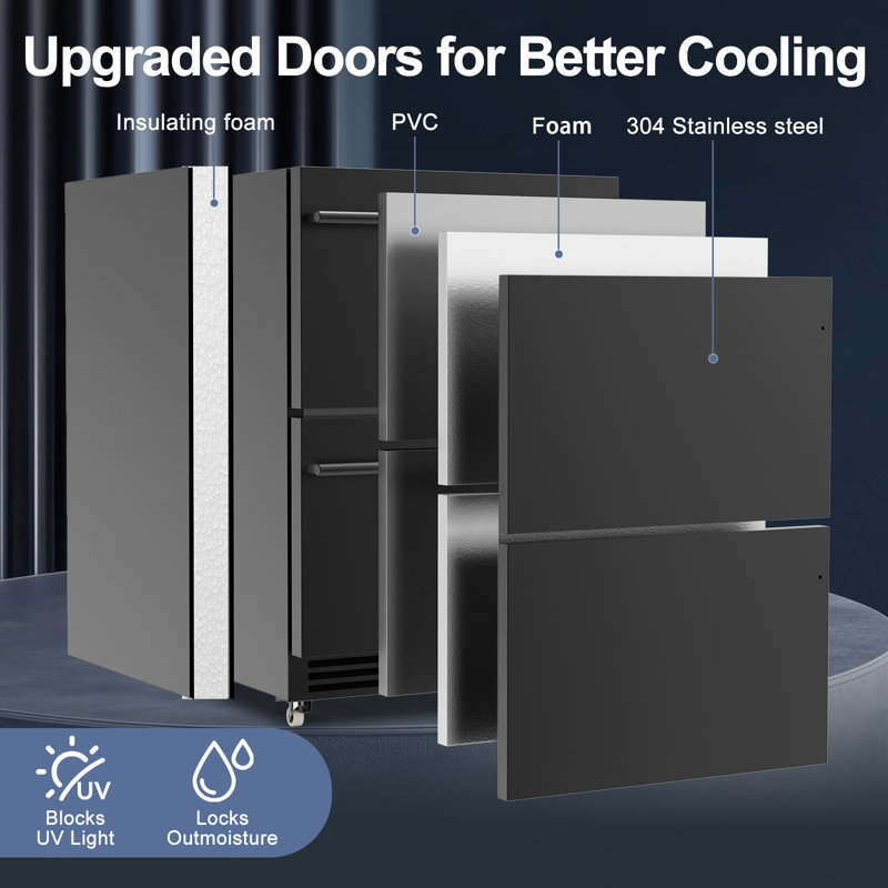 24" Outdoor Drawer Refrigerator, 2 Drawers, Black Stainless Steel, Weather-Resistant Design, Black