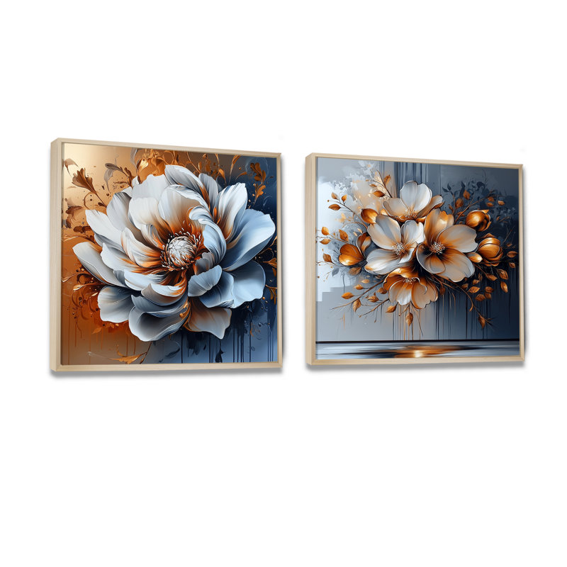 Transitional Bloom Of Golden Abstract Flower I - Abstract Floral Wall Art - Traditional Wall Art Canvas 2 Piece, Cream