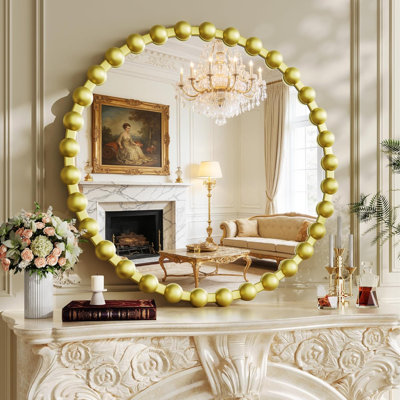 Miroir rond pour meuble-lavabo mural, miroir circulaire à cadre perlé de 28 pouces pour commode de chambre à coucher, salle de bain, vestibule, salon, miroir mural décoratif suspendu, doré