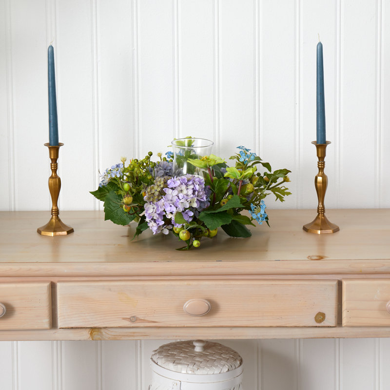 Hydrangea Candelabrum Centerpiece with Green Foliage