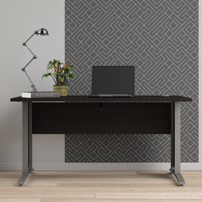 Prima Metal Base Writing Desk, Oak, 75.2cm H x 150.1cm W x 80.1cm D, White