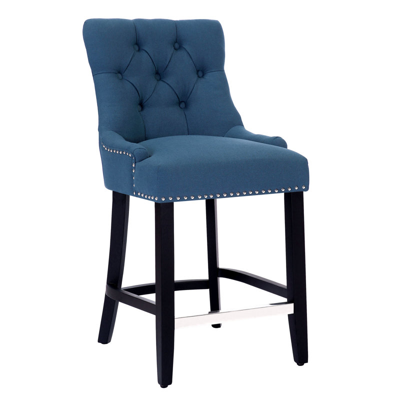 Linen Fabric Tufted Upholstered Counter Stool, Counter Stool (24” Seat Height), Teal Linen/Black Frame