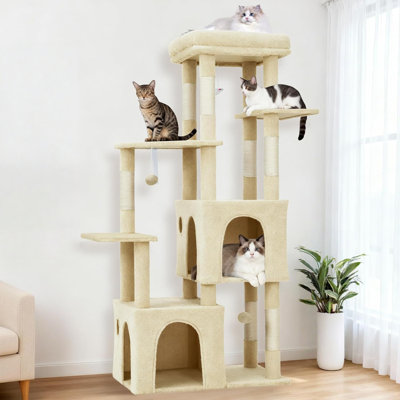 61" Multi-Level Cat Tree for Indoor Cats, Heavy-Duty Tower for Large Adult & Mainecoon Cats with Extra-Large Perch, 2 Spacious Condos, Natural Sisal Scratch Posts & Play Toys – Beige