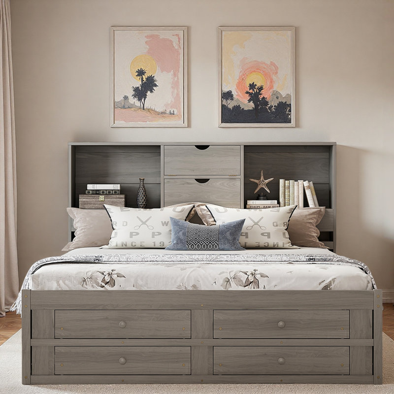 Lit plateforme avec tête de lit avec rangement et 8 tiroirs, Gris, Roi